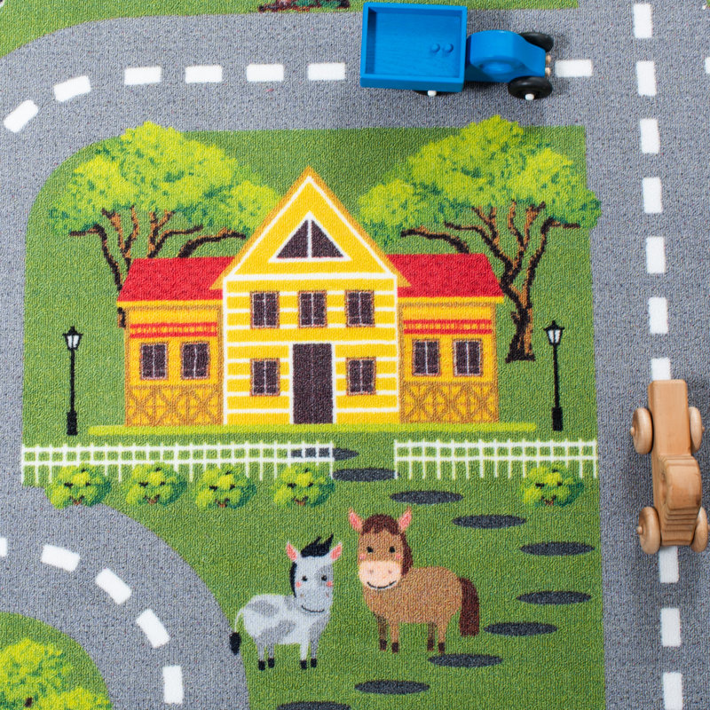 Round Dark Green and Light Grey Kids Playhouse Rug