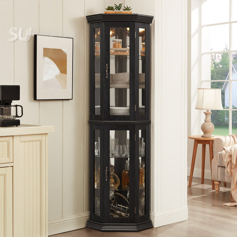 Lighted Corner Curio Cabinet With Tempered Glass Doors, Adjustable Shelves, And LED Lighting For Elegant Home Display, Black
