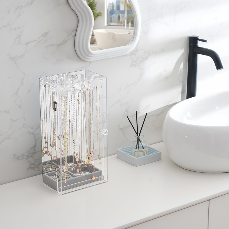 Necklace Holder Organizer, Acrylic Jewellery Organizer With 24 Hooks, Rotating Clear Necklaces Display Box With Built-In Mirror, Dust-Proof Jewellery Storage Case With Velvet Tray - Clearmirror