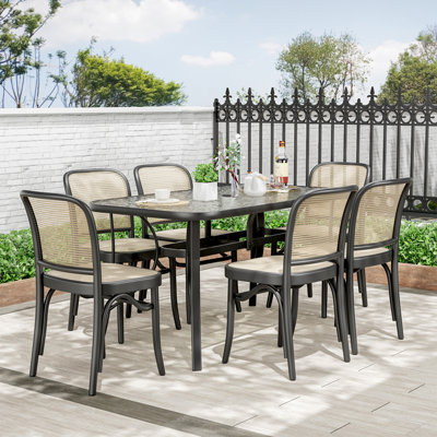 Patio Outdoor Table W/ 1.69″  Umbrella Hole, 30"x 55" Rectangular Tempered Glass Patio Dining Table For 6,  Outdoor Metal Furniture, All-weather Use, For Patio, Garden, Backyard, Poolside(black)