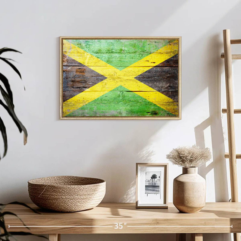 Drapeau de la Jamaïque, 19 po x 13 po, Cadre flottant en bois naturel