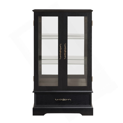 Lighted Glass Curio Cabinet With Adjustable Shelves - Elegant 2-Door Display Cabinet & Built-In Drawer, Includes Bulb - BLACK