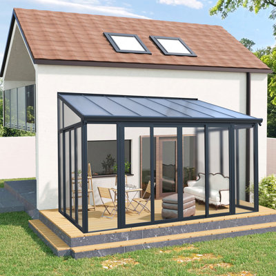 10×14 Ft Enclosed Patio Cover With 3 Lockable Sliding Doors, All Season Sunroom With Aluminum Alloy Frame ,Polycarbonate Roof And Transparent Solid PC Endurance Panel Wall System For Garden Patio Deck