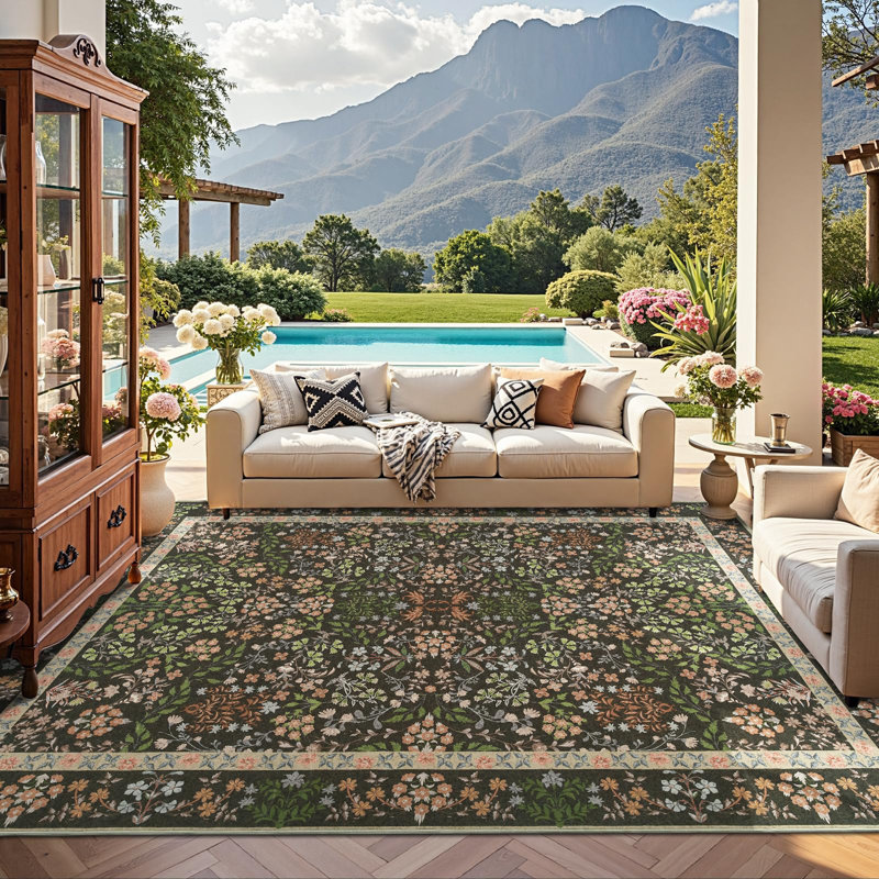 Floral Machine Washable Area Rug, Rectangle 8' x 10', Black