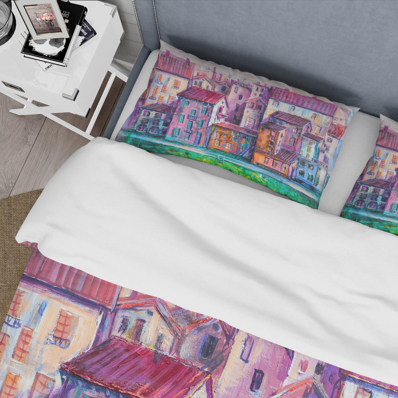 Street With Colorful Old Homes - Ensemble de housse de couette moderne - Microfibre de polyester