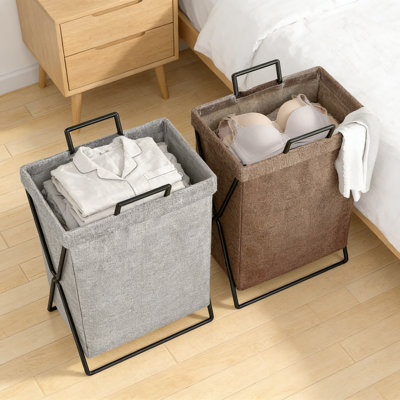 Grey + Brown,2Pcs,Foldable Laundry Hamper Basket With Handles, Collapsible Clothes Storage Organizer For Bathroom, Bedroom, And Home Use