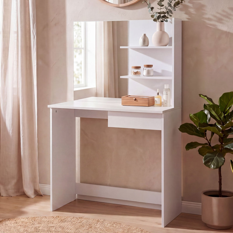 Modern White Dressing Table with Mirror, Drawer & Shelf, Large Make-Up Table