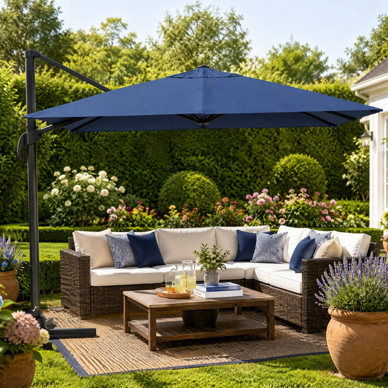 Parasol de patio carré de 10 pi avec base lestée, réglage de l'inclinaison et rotation de la pédale à 360 °, Marine