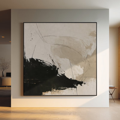 Extra Large Wall Art Fabric Print - Neutral Abstract Design with Black Accents for Living Room or Bedroom - "Frame Assembly Required (Unfinished Frame)"