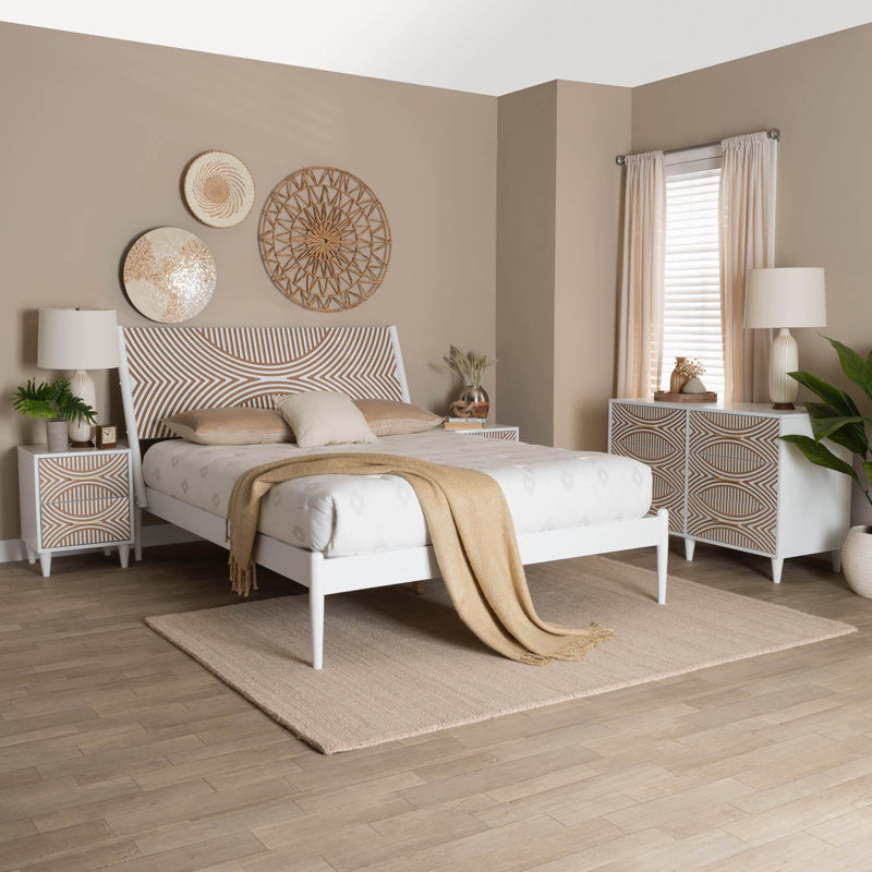 Ensemble de chambre à coucher Aabas, Très grand, Quatre pièces : lit, deux tables de chevet et co