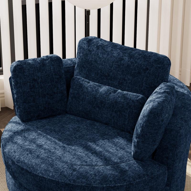 Upholstered Slipcovered Oversized Swivel Barrel Accent Chair, Navy Chenille