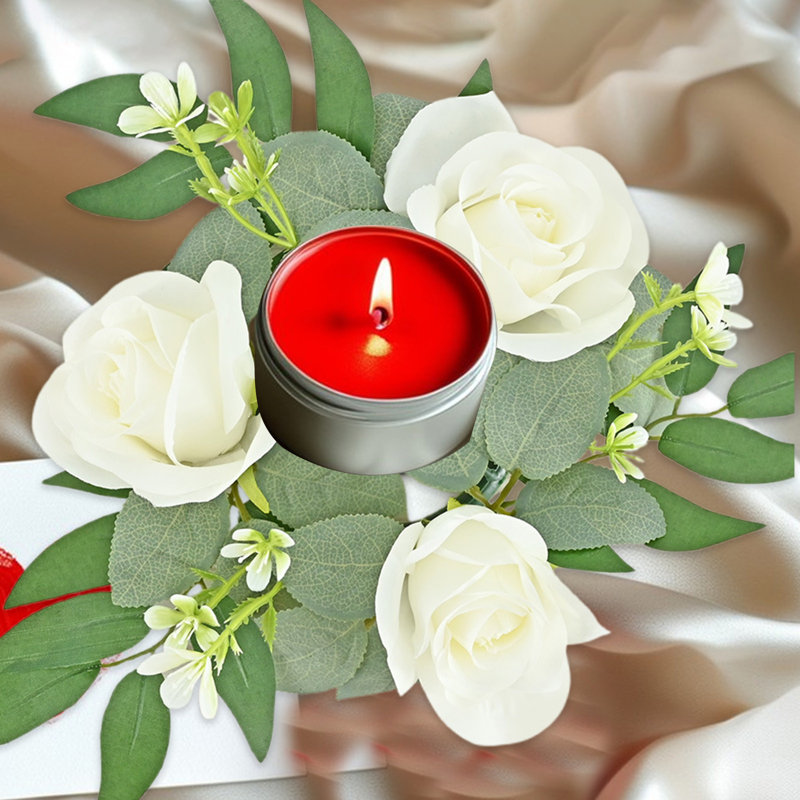Rose Candle Wreath Artificial Silk Flower Ring Leaf Candle Wreath Wedding Valentine Day Party Table Candlestick Decorations