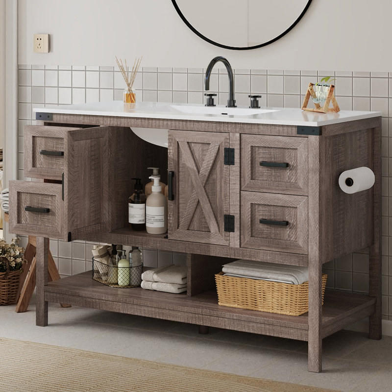 Chimira 48" Farmhouse Single Bathroom Vanity with Storage, Rustic Gray, Gray, 48"