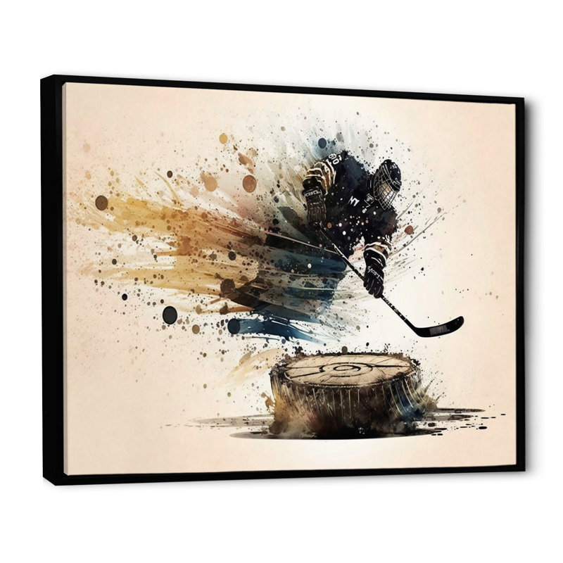 Joueur de hockey frappant une rondelle, H 30 po x l 40 po x P 1,5 po, Toile avec cadre flottant noir