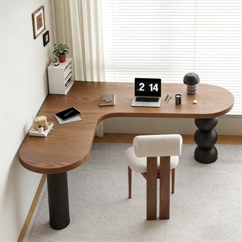 Light-walnut + Black L-Shaped Solid Wood desk, 29.53" H x 62.99" W x 47.24" D, Left Hand Return