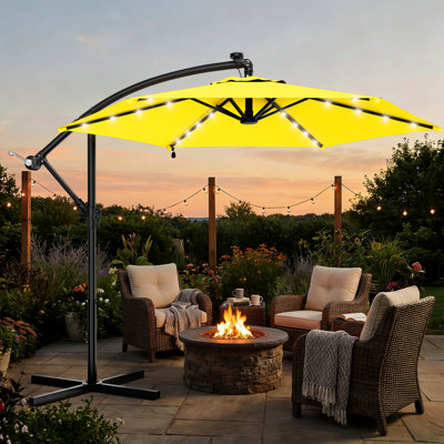 10ft Solar LED Offset Hanging Patio Umbrella with Easy Tilt Adjustment, 6 Sturdy Ribs & UV-Protected Polyester Canopy, Ideal for Backyard, Poolside, Lawn & Garden, Yellow