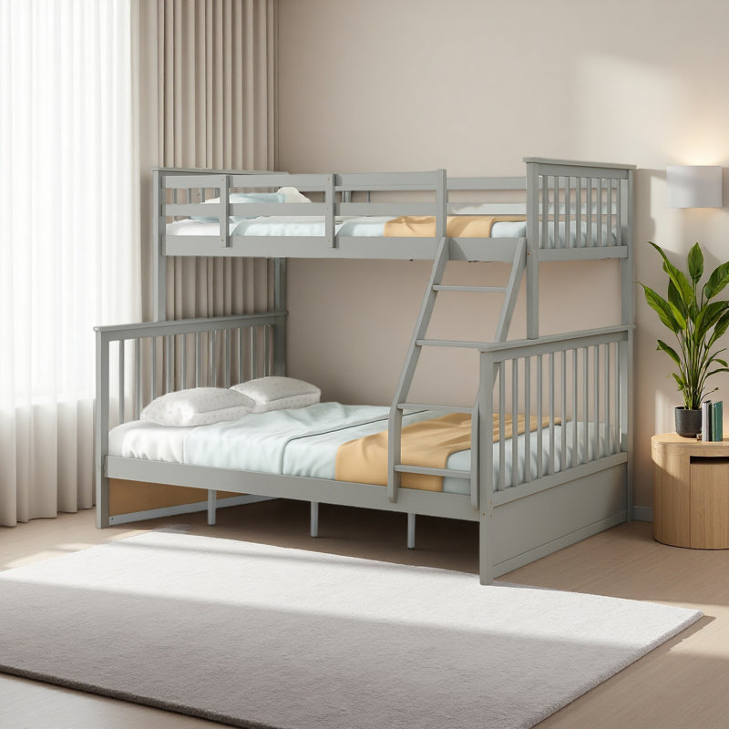 Lit simple superposé au-dessus d'un lit double, lit superposé en bois avec échelle et garde-corps