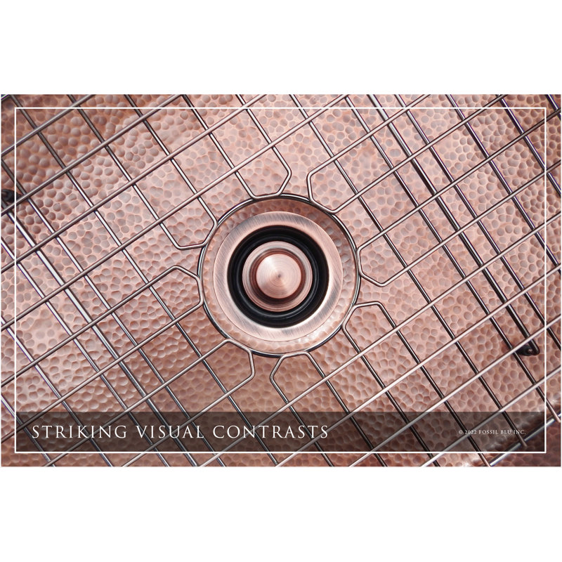 Fossil Blu Luxury 33" 12-Gauge Hammered Copper Undermount/Drop-In Sink, Medium Patina, Incl Accs