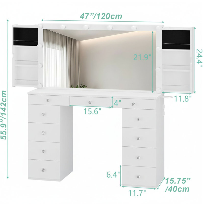 47" Large Makeup Deidra With USB Power Outlet,Mirror, 12 Adjustable Lights,11 Drawers And 2 Side Hidden Jewelry Cabinets,Crystal Knobs