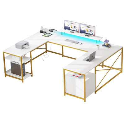 U Shaped Desk with Power Outlets & LED Lights, Reversible Corner Computer Desk with Drawers & Monitor Stand