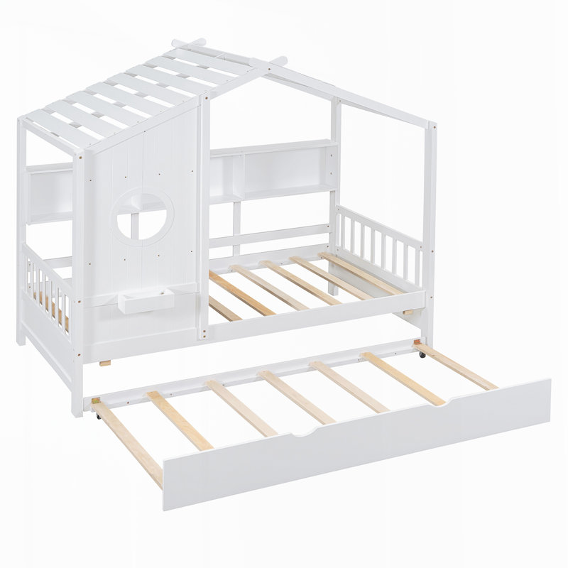 Lit en bois avec lit gigogne et rangement, Lit simple, Blanc