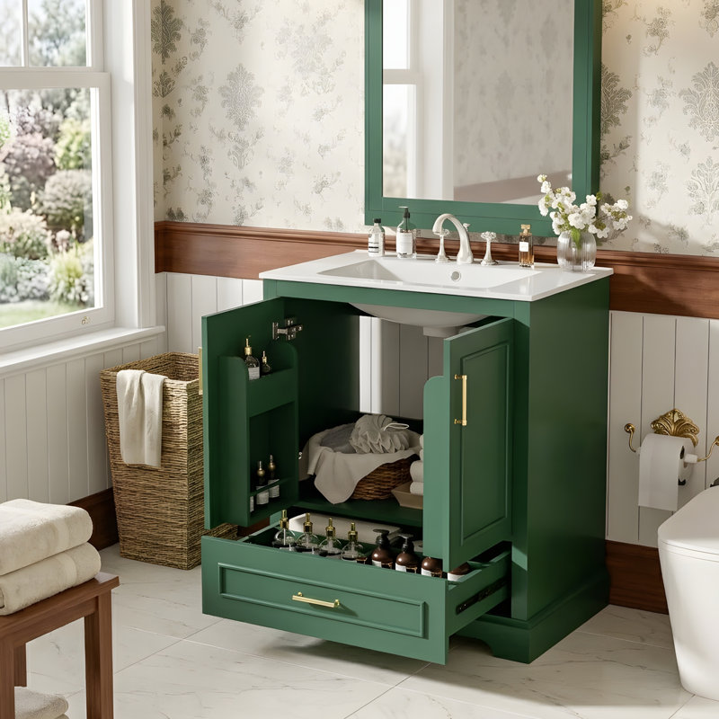 Meuble-lavabo moderne avec lavabo en céramique, Vert, 28"