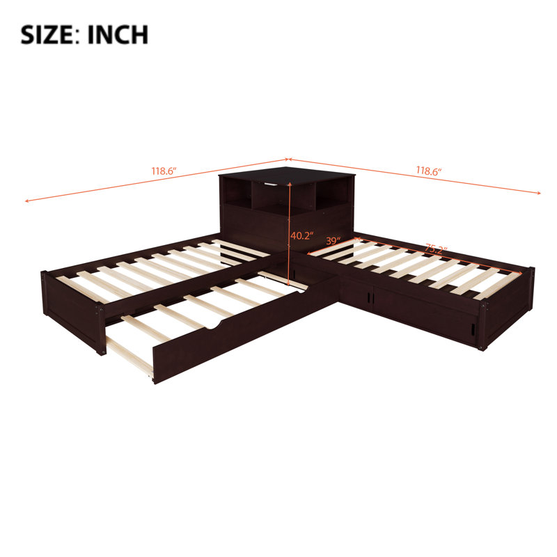 Lit plateforme en L avec éclairage à DEL et tablettes de rangement, Espresso