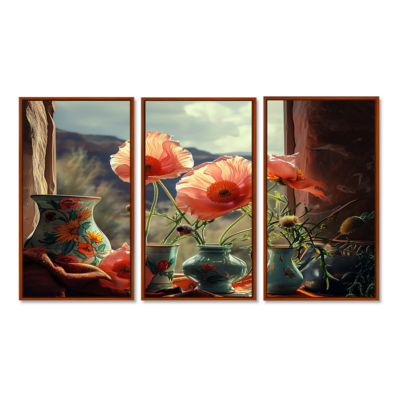 Dahmen - ensemble d'art mural coquelicot, H 40 po x l 60 po x P 1 po, Cadre flottant brun
