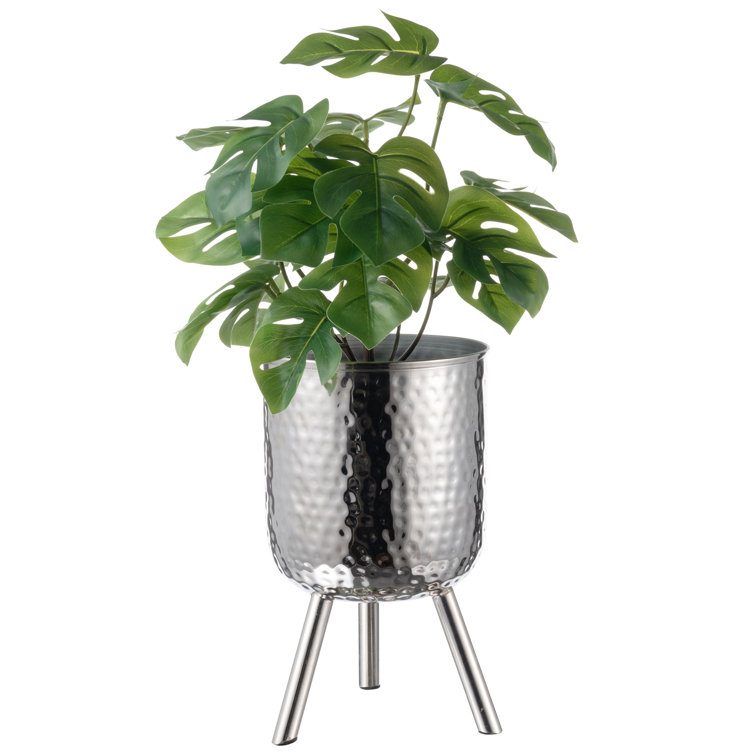 10 Inch Tall Raised Planter Pot, Metallic Silver Tone Hammered