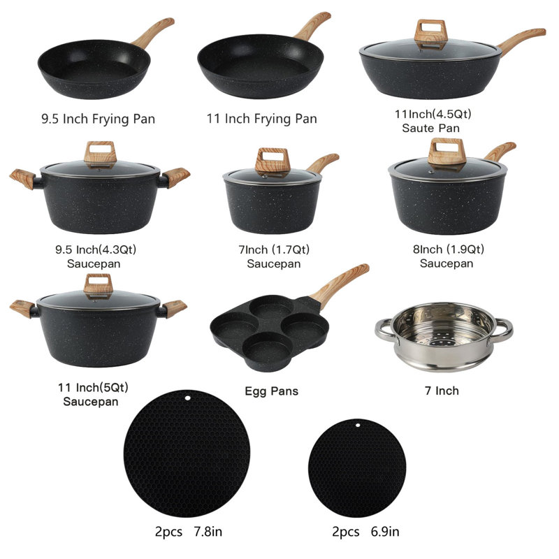 Ensemble 21 pièces de casseroles et casseroles antiadhésives avec ensemble de coupe 15 pièces et 4 tapis en silicone - Batterie de cuisine complète pour une cuisson antiadhésive, facile à nettoyer et polyvalente
