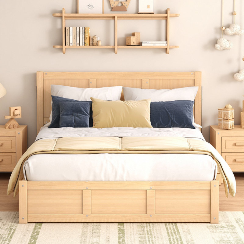 Lit plateforme classique en bois avec rangement inférieur et 2 tiroirs, Lit double