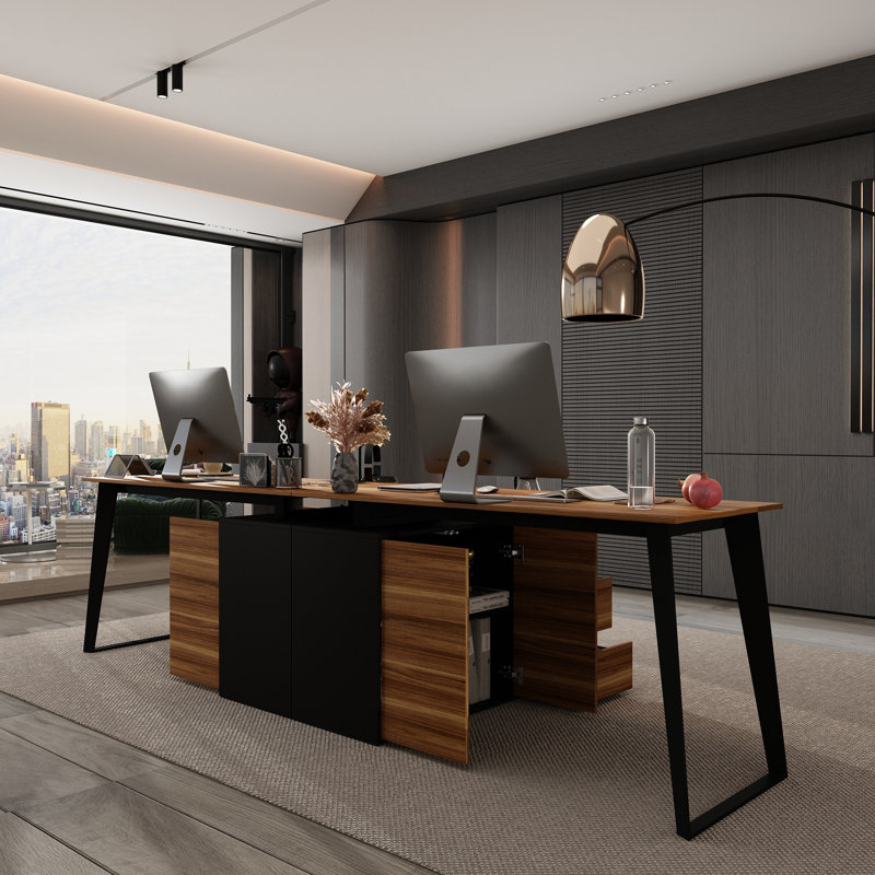 Lige 108"W 2 Person Computer Desk, Black/Brown