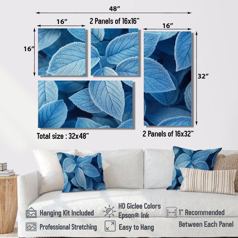 Frost Blue Leaves Tranquility II - Art mural floral grand 4 pièces, Impression encadrée sans passe-partout, Noir