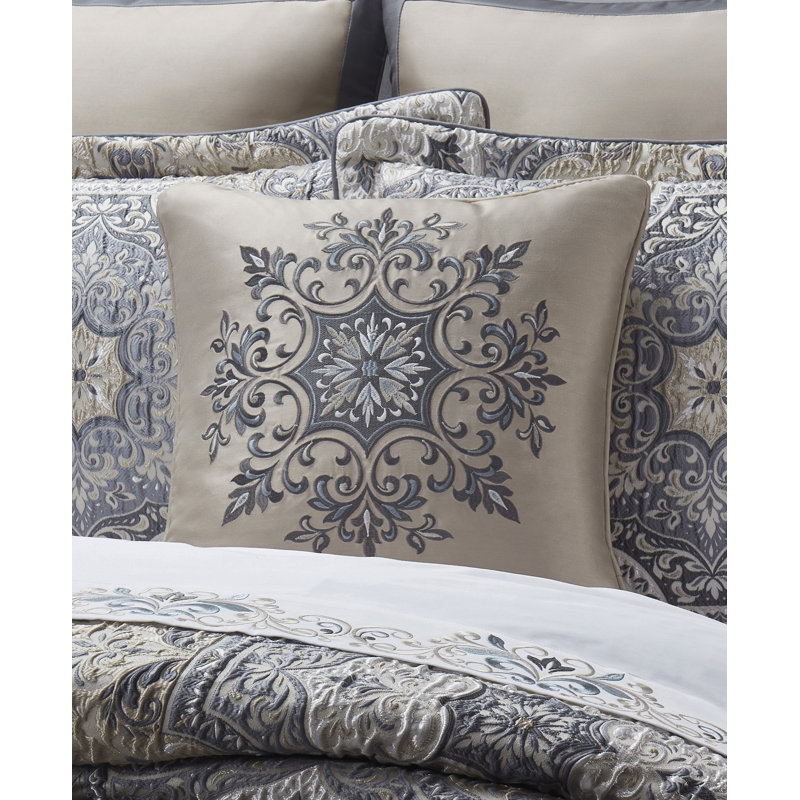 Taupe Satin Embroidered Square Throw Pillow 18"