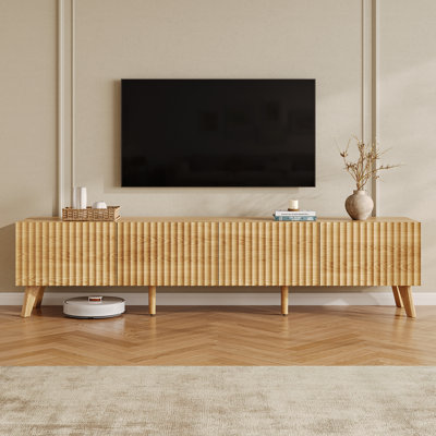 71'' Mid-Century Modern Fluted TV Stand for TVs Up to 75'', Entertainment Center with 2 Storage Cabinets, Natural Wood Media Console