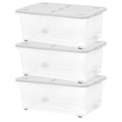 Wham 45L Plastic Storage Box with Wheels and Folding Lid Pack of 3 Clear/Cool Grey