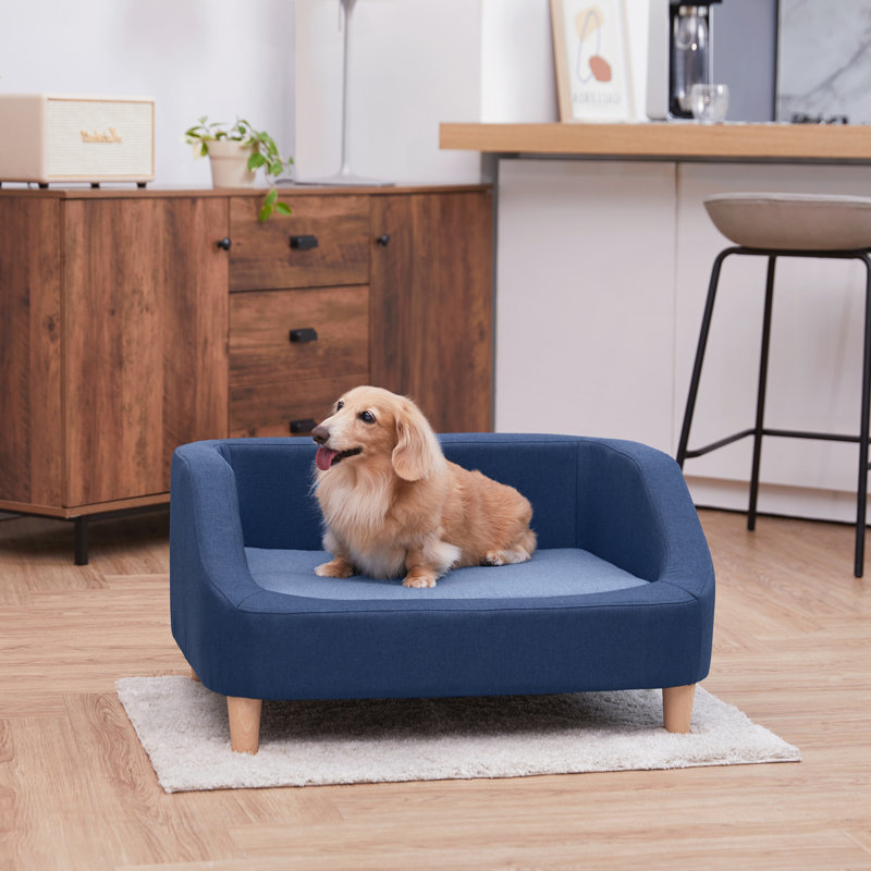 Small Navy Linen Upholstered Elevated Pet Sofa