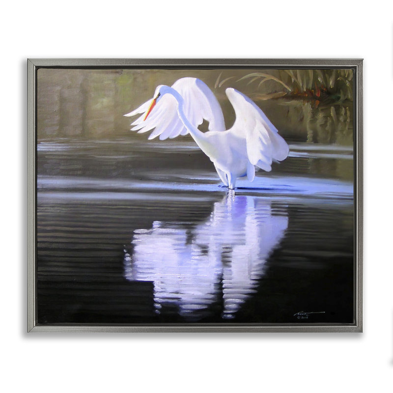 "Egret with Water Ripples", art mural par D. Rust, Cadre flottant gris lustré, H 25 po x l 31 po