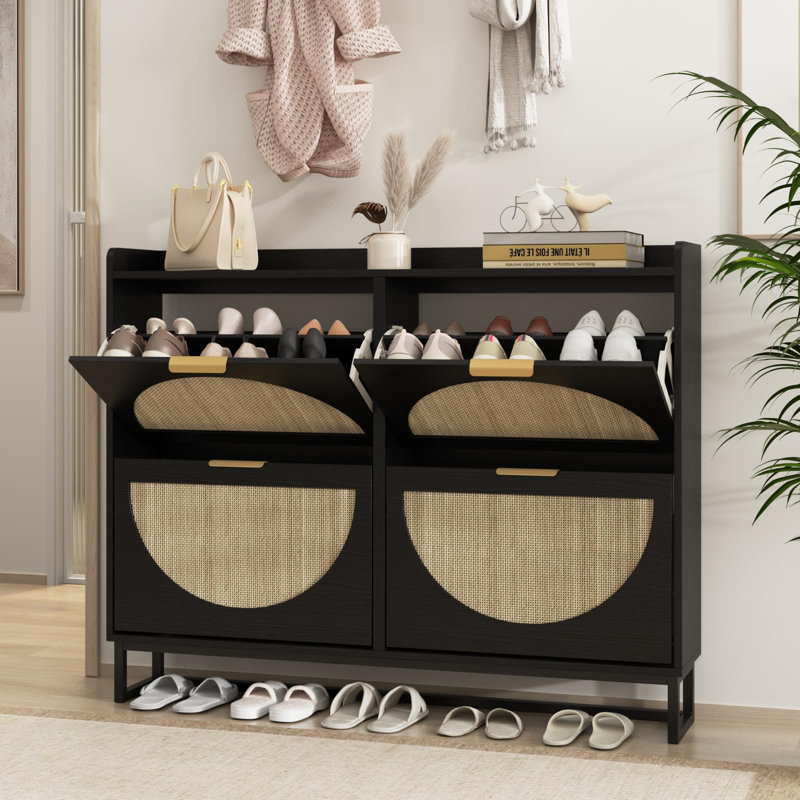 Grande armoire à chaussures en rotin avec 4 tiroirs rabattables, Noir, noir, noir, noir