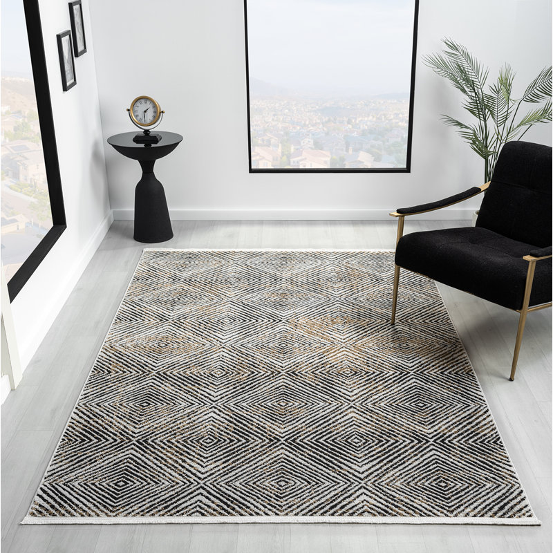 Tapis noir / crème à motif abstrait contemporain Gionata Collection, Rectangle 5 pi 3 po x 6 pi 8 po
