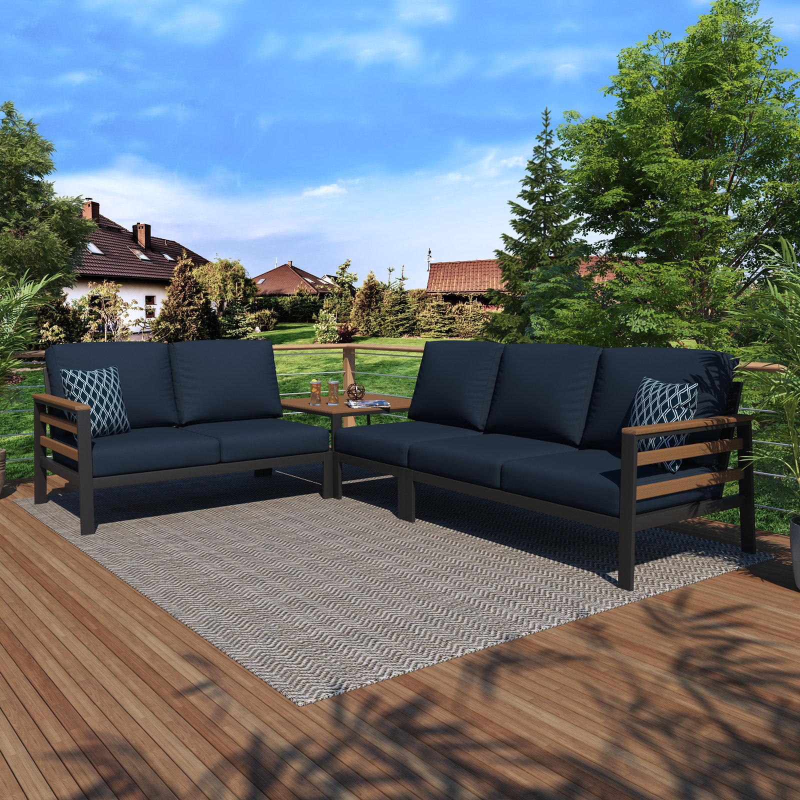 Townsend 5-Person Sunbrella® Patio Seating Group, Canvas Navy Sunbrella® Canvas, Brown