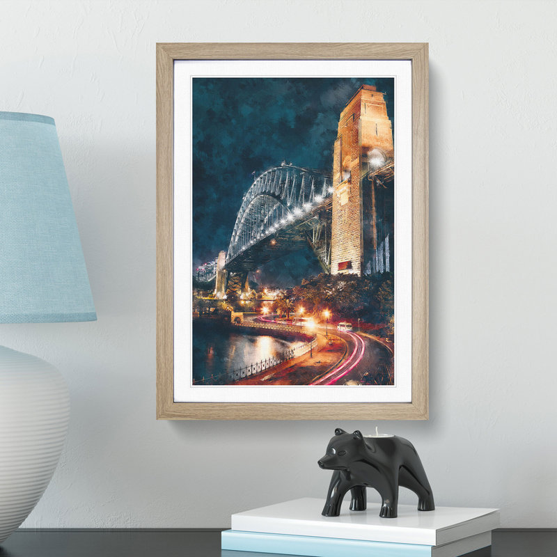 Sydney Harbour Bridge Australia Abstract - Picture Frame Painting Print, 87cm H x 62cm W x 2cm D, Oak Framed
