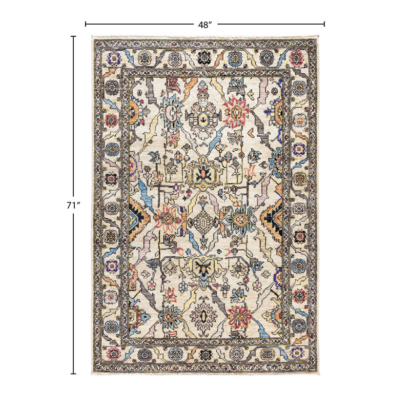 Tapis unique noué à la main Raffin - ivoire 4 pi 0 po x 5 pi 11 po Raffin