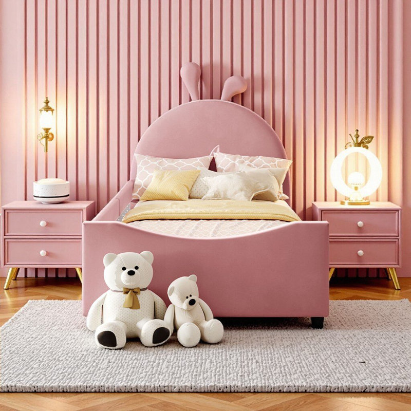 Lit de jour simple en velours rose avec tête de lit Bunny