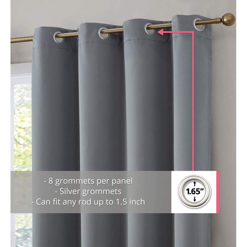 Alis Solid Color 100% Blackout Thermal Grommet Curtain Panels, 52" W x 108" L, Gray