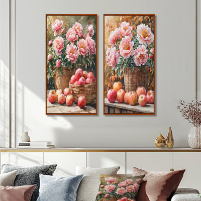 Panier de pivoines parmi les fruits de la récolte I - art mural floral, collection 2 panneaux