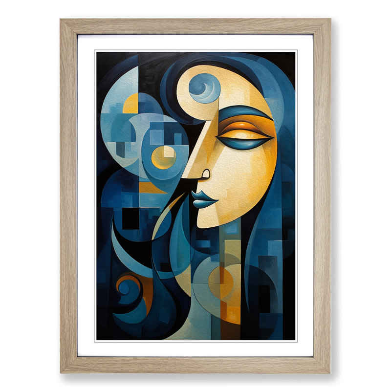 Moon Cubism No.3 - Single Picture Frame Print on Wood, Oak Framed, 64cm H x 46cm W x 2cm D