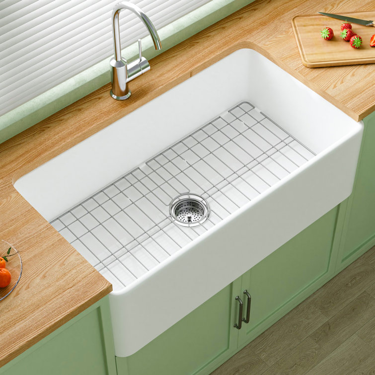 Asrea Apron Front Kitchen Sink 33" L x 18" W Single Bowl Fireclay with Bottom Grid and Basket Strainer