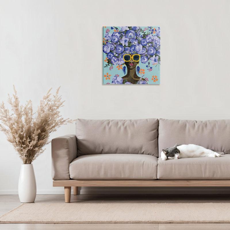 Toile ensoleillée en fleurs bleues, conception par Yvette St. Amant, H 17 po x l 17 po