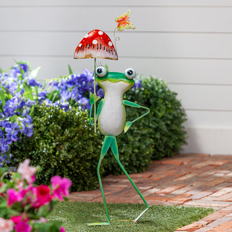 Statue de grenouille en métal avec parasol en métal, H 29 po
